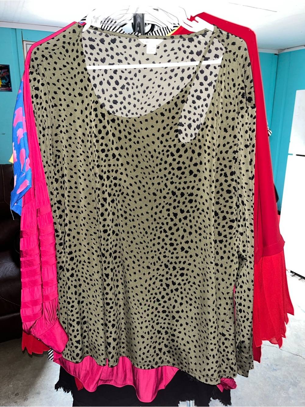 Cato Olive Green and Black Spot Print Long Sleeve Tunic
